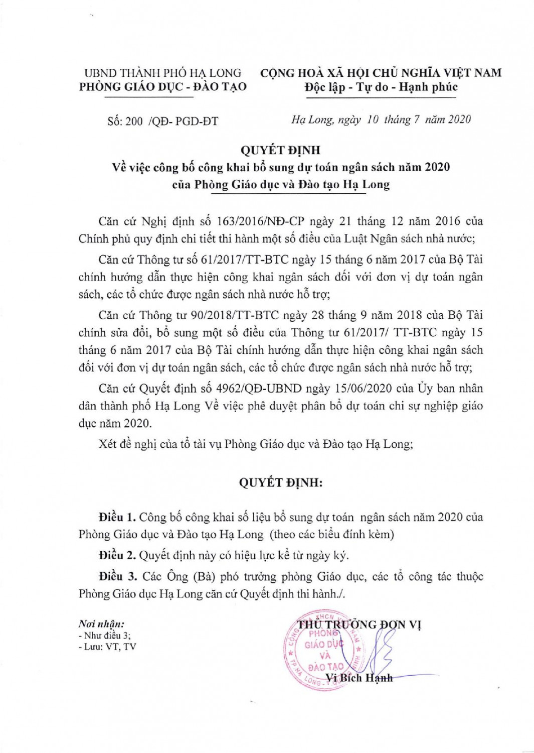 Công bố công khai bổ sung dự toán ngân sách năm 2020